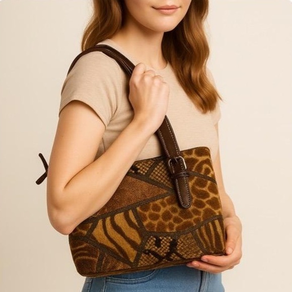 Elka Brown Patchwork Safari Giraffe Jungle Art Deco Bag Universal Safari Glam - Picture 1 of 7